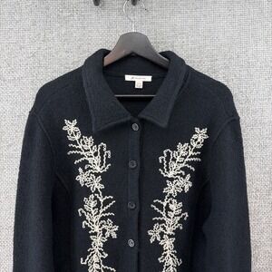 JM Collection 100% Wool Black Ivory Embroidered Women's Large Sweater Jacket